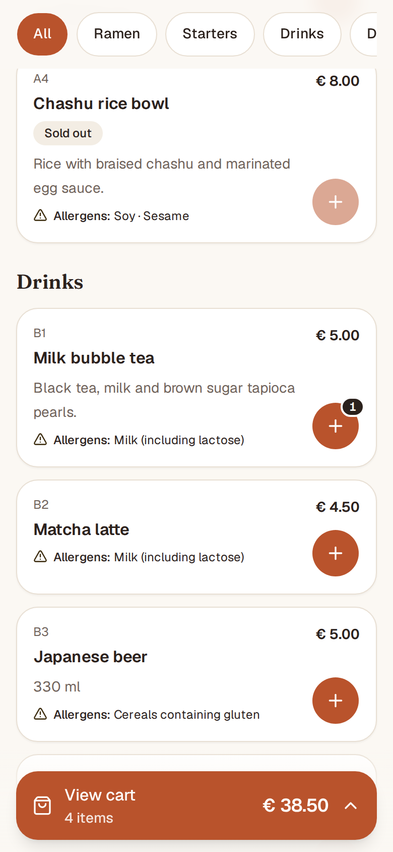 The guest menu with the cart bar at the bottom: 4 items, total € 38.50; one dish is marked “Sold out”