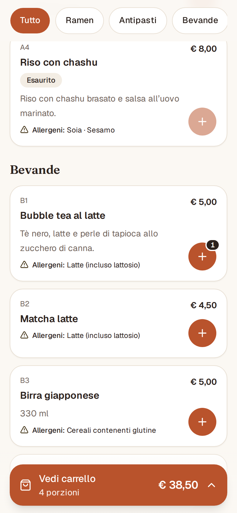 Il menu del cliente con la barra del carrello in basso: 4 piatti scelti, totale € 38,50; un piatto risulta «Esaurito»