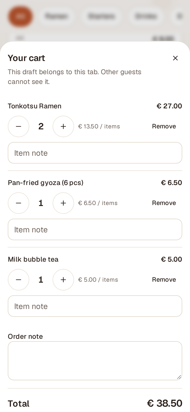 The open cart: quantities, item notes, order note and total