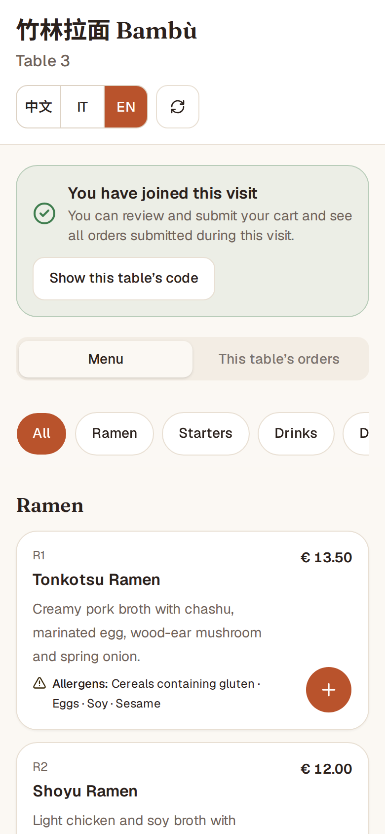The guest menu on a phone, in English: restaurant name, table number, 中文/IT/EN language switch, categories and dishes with number, price, description and allergens