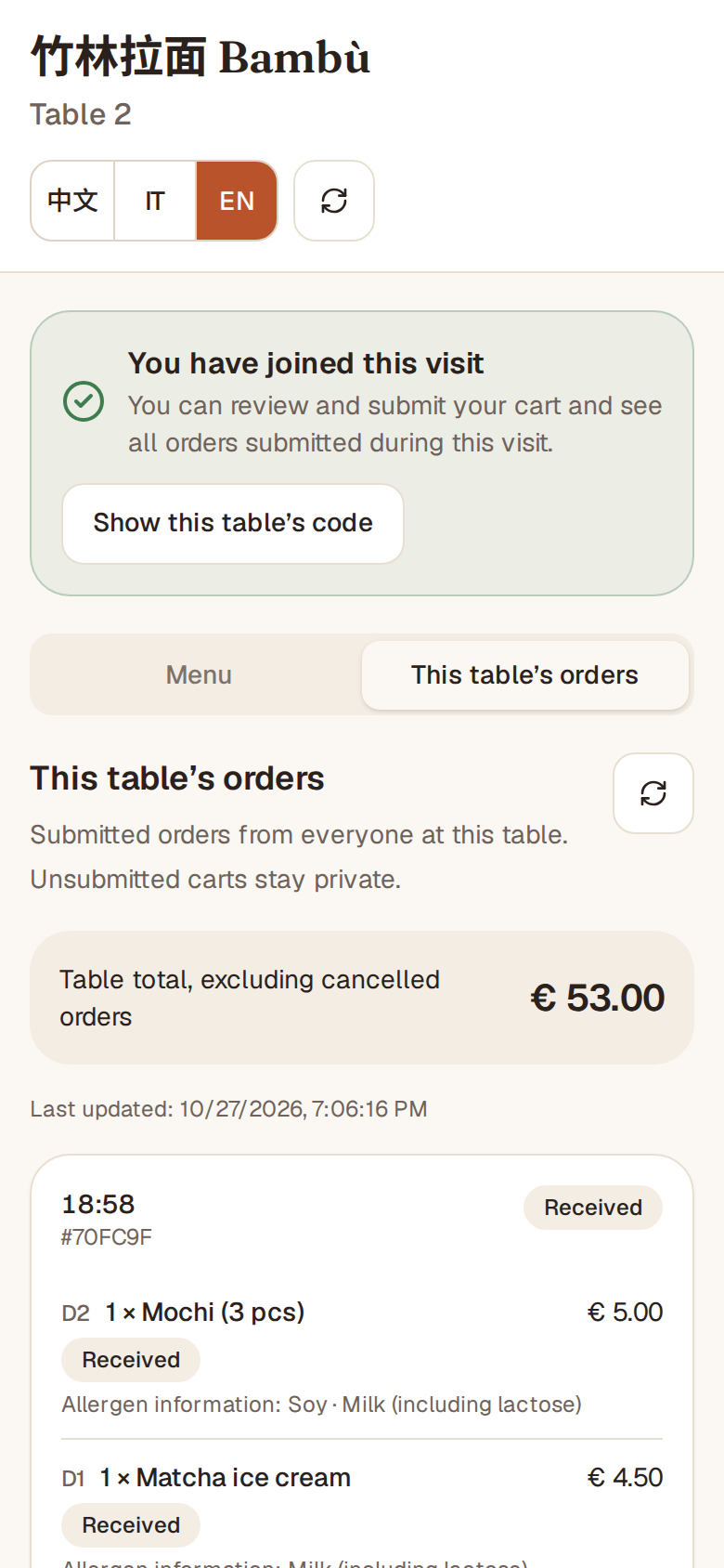 The “This table’s orders” screen: every dish ordered by the table, its status and the table total