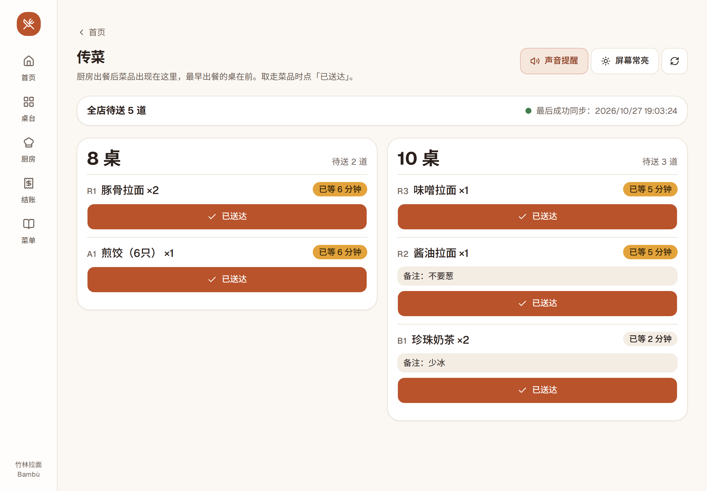 平板上的传菜屏：按桌分组列出做好待送的菜，带“不要葱”“少冰”等备注和“已送达”按钮